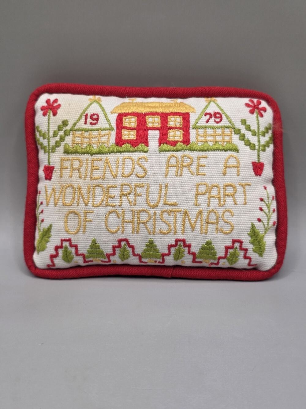 Vintage 1979 Cross Stitch Christmas Ornament Pillow Friends Sampler Country Folk